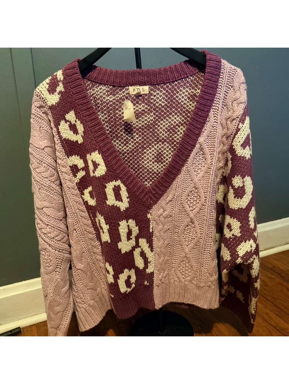 POL Women's V-Neck Mixed Pattern Sweater in Leopard, PurpleLilac. Large